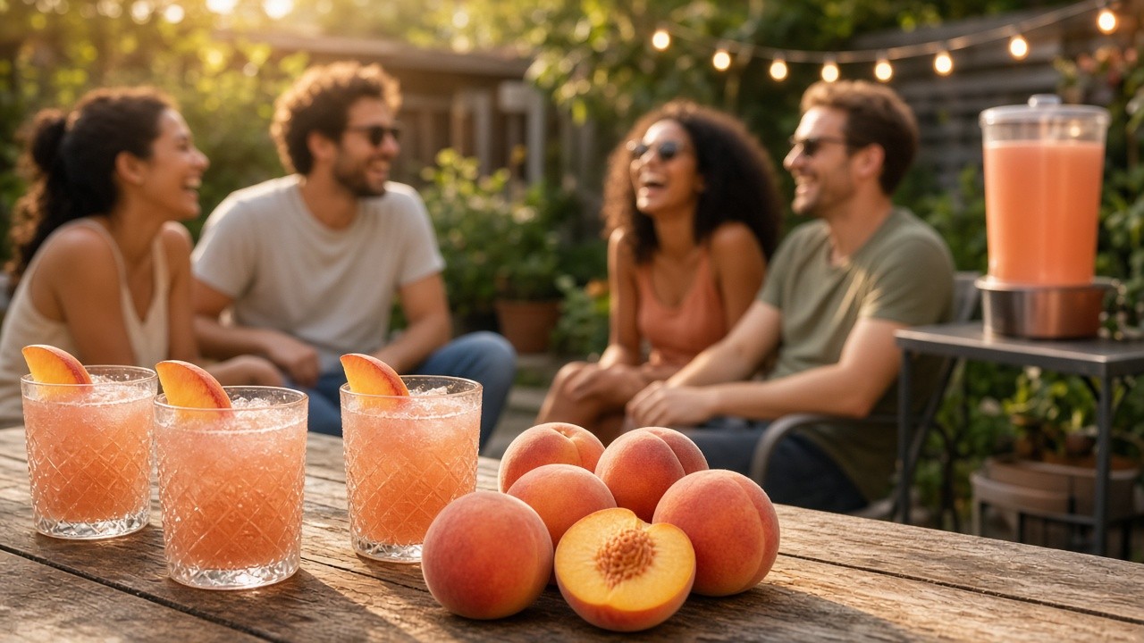 Backyard gathering with frosty peach frozen drinks and fresh peaches on a picnic table