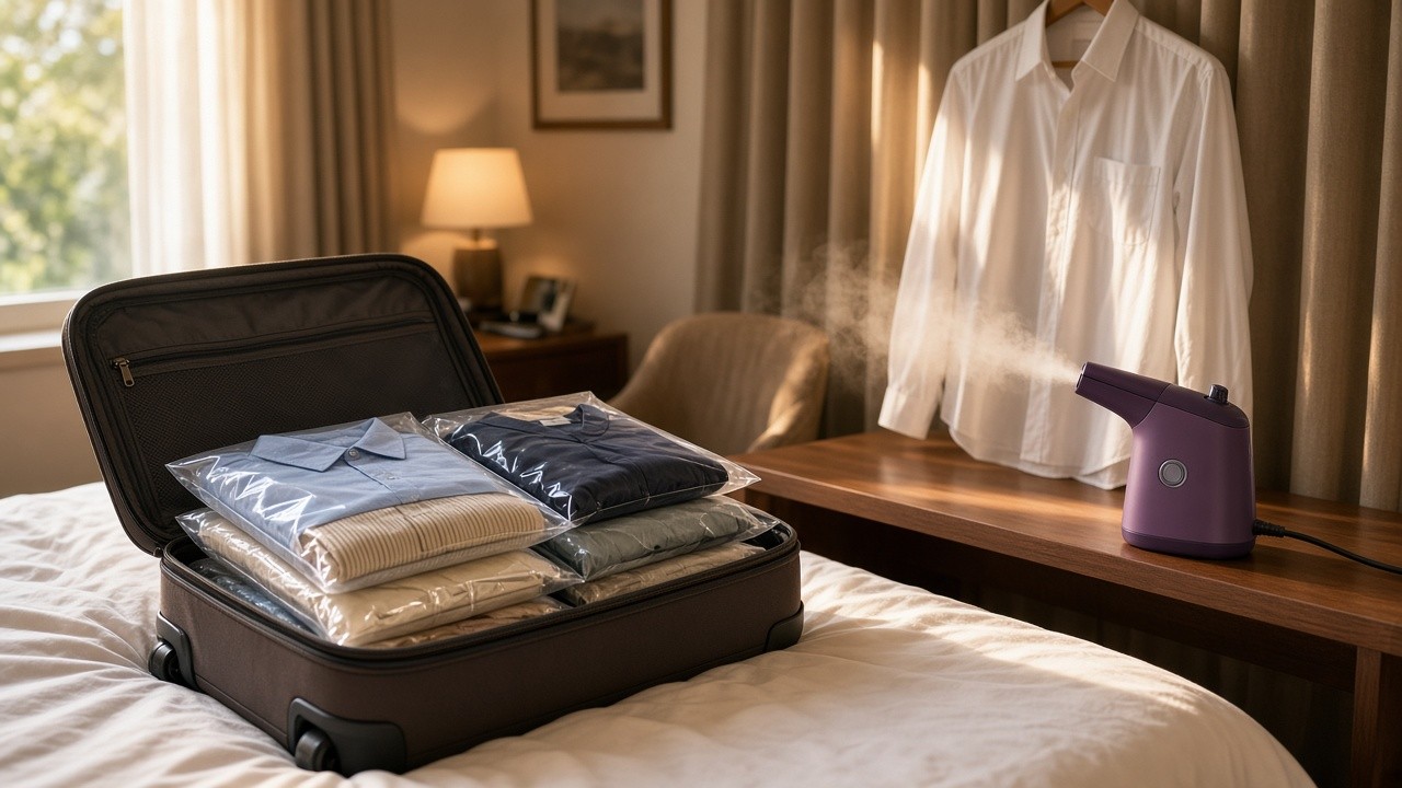 Hotel room packing with compressed storage bags in a suitcase and a purple travel steamer by a pressed shirt