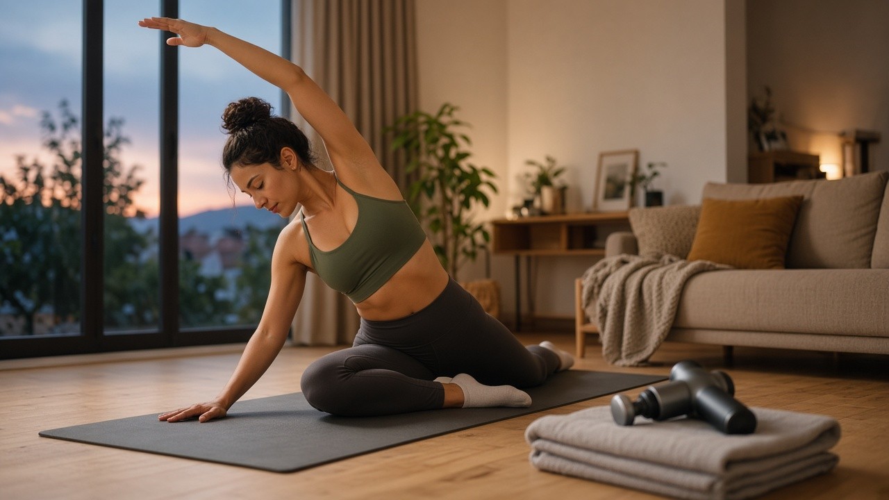 Athlete stretching on a living-room mat after a run, massage gun nearby in warm evening light