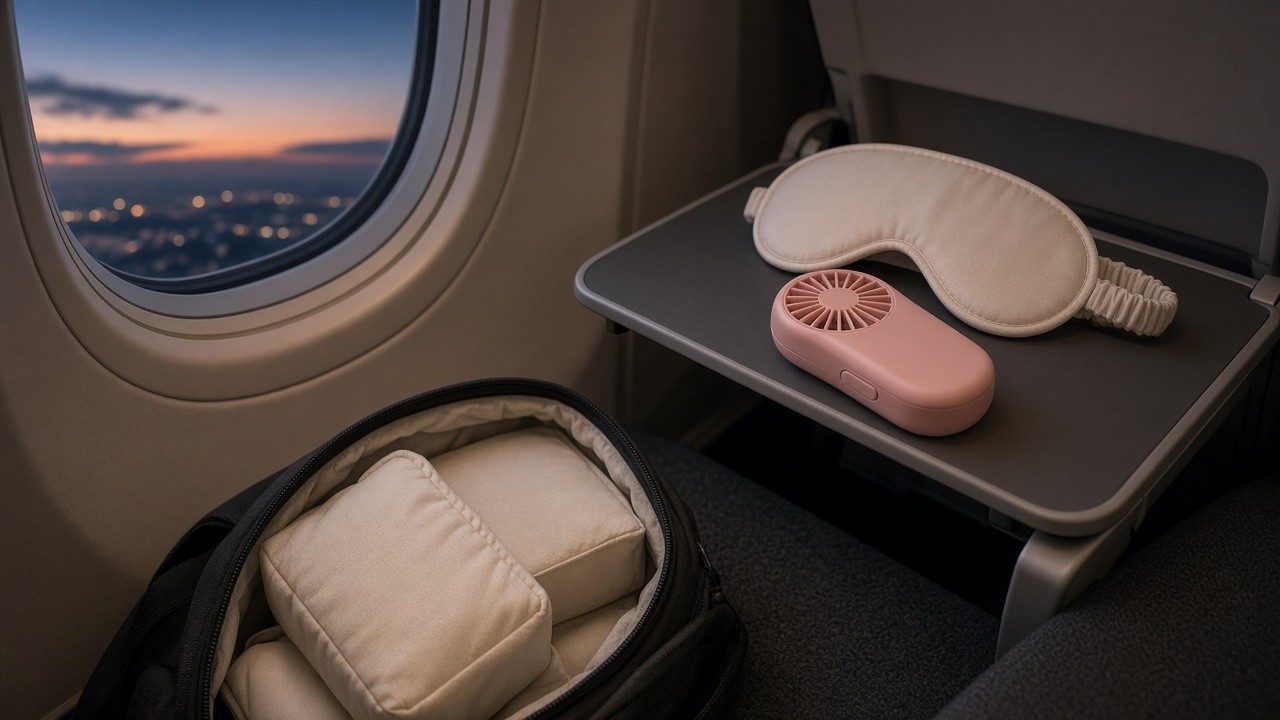 Airplane window seat at dusk with cream packing cubes, a sleep mask, and a small pink handheld fan on the tray