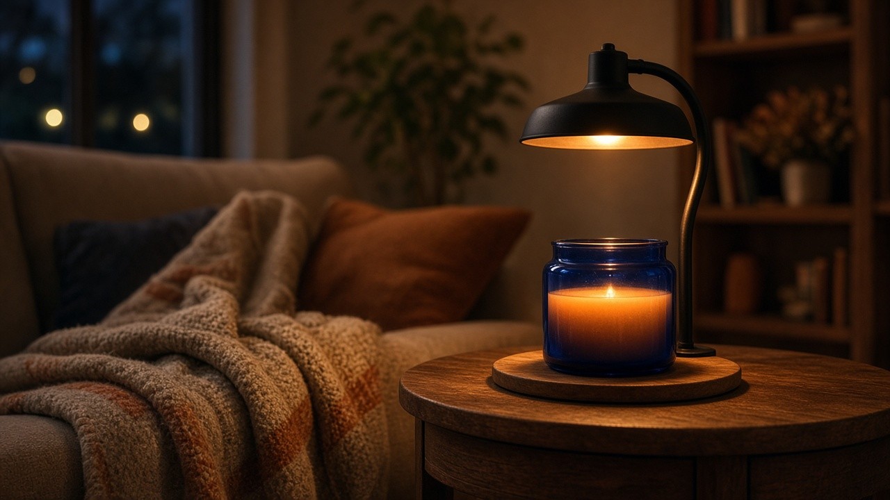 Cozy living room evening with cobalt blue jar candle glowing under a black warmer lamp on a side table