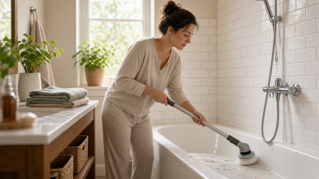 Person cleaning a white bathtub with a cordless extendable spin scrubber in a bright subway-tile bathroom