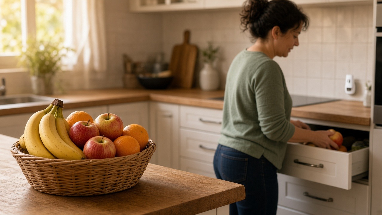 Woven fruit basket on a kitchen island with soft daylight and a discreet plug-in trap on the backsplash