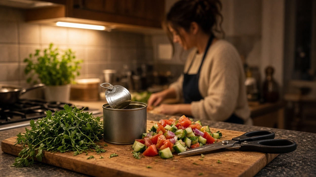 Kitchen shears and an opened can on a cutting board with herbs and chopped vegetables in warm evening light