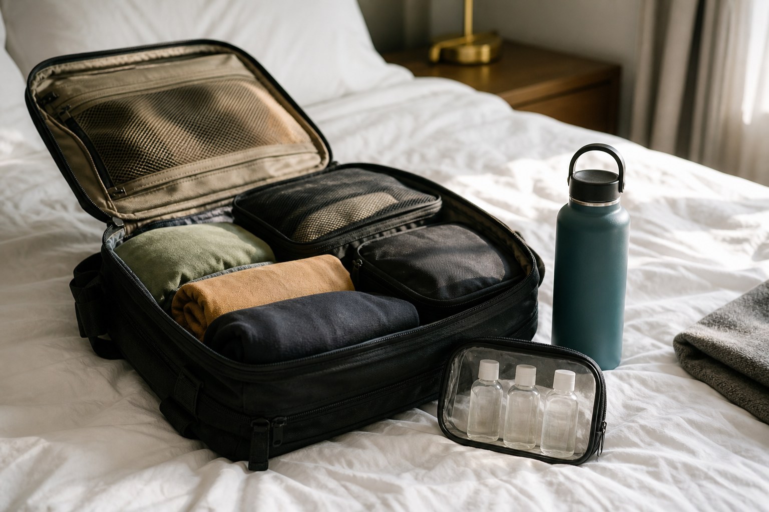 Packed backpack, teal water bottle, and 3oz travel bottles on a hotel bed