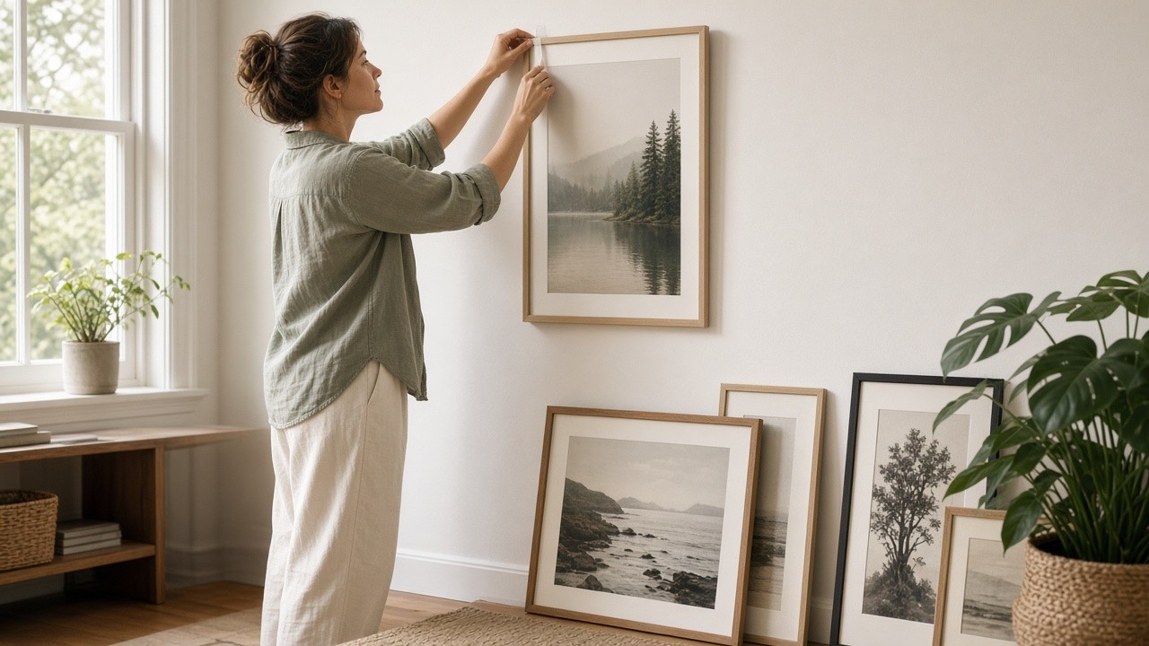 Living room gallery wall with framed art hung cleanly above a sofa in soft afternoon light, no visible nails