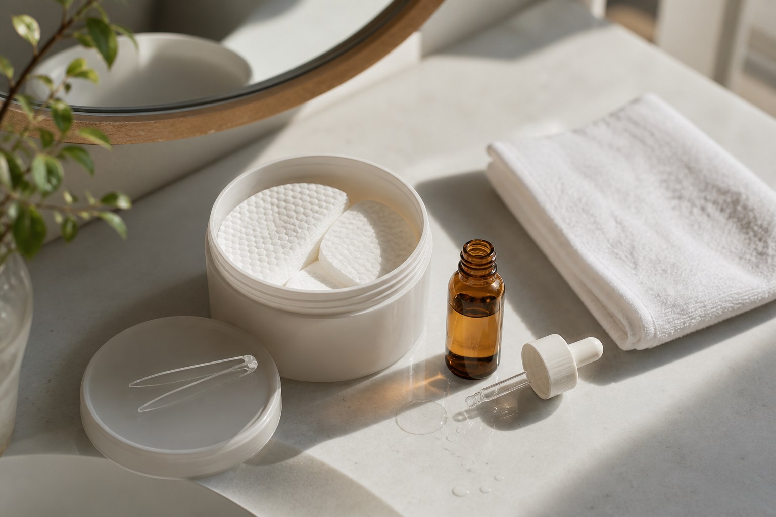 Toner pads with tweezers and an amber serum bottle on a marble vanity