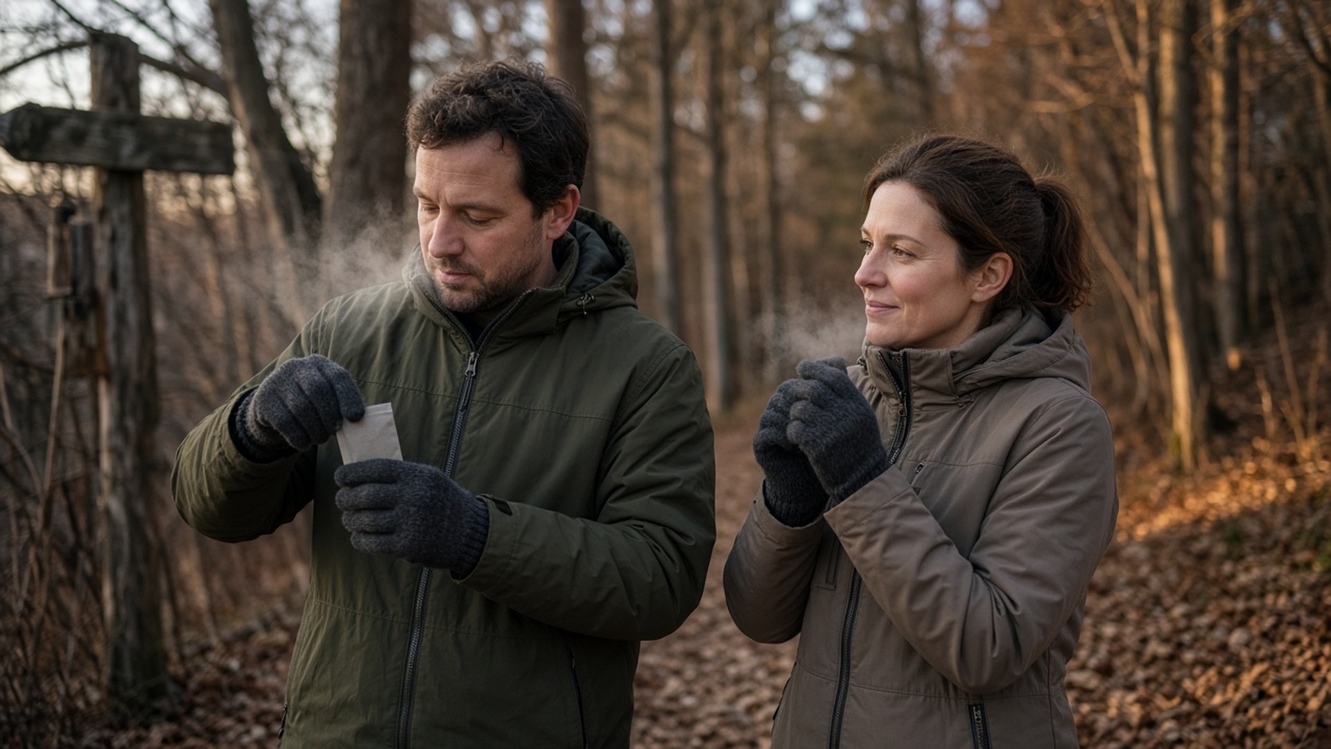 Cold outdoor leisure at a fall trailhead with people warming hands with small disposable hand warmers, visible breath in cool air, soft autumn light