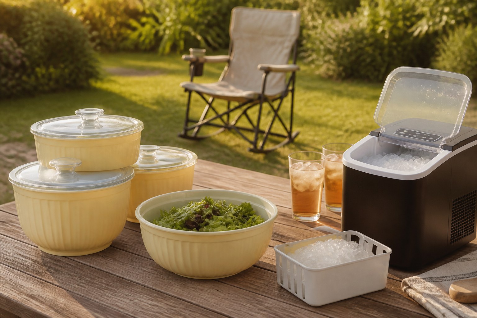 Yellow lidded bowls, nugget ice maker, and a camp rocker in a backyard