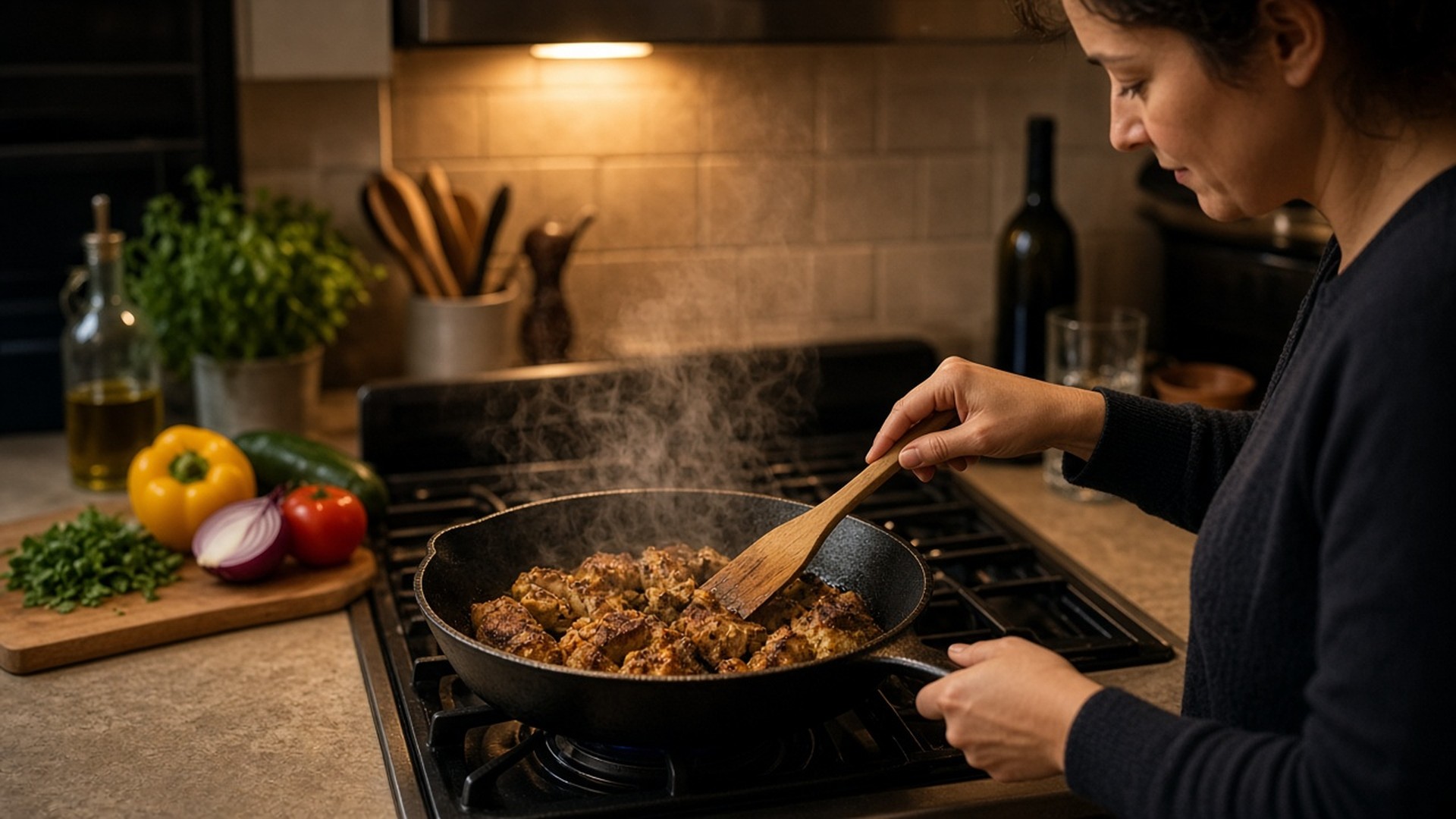 Lived-in kitchen lifestyle with weeknight searing or plating from a black cast-iron skillet on the stove or table, warm cooking light, food-in-context not a catalog product shot