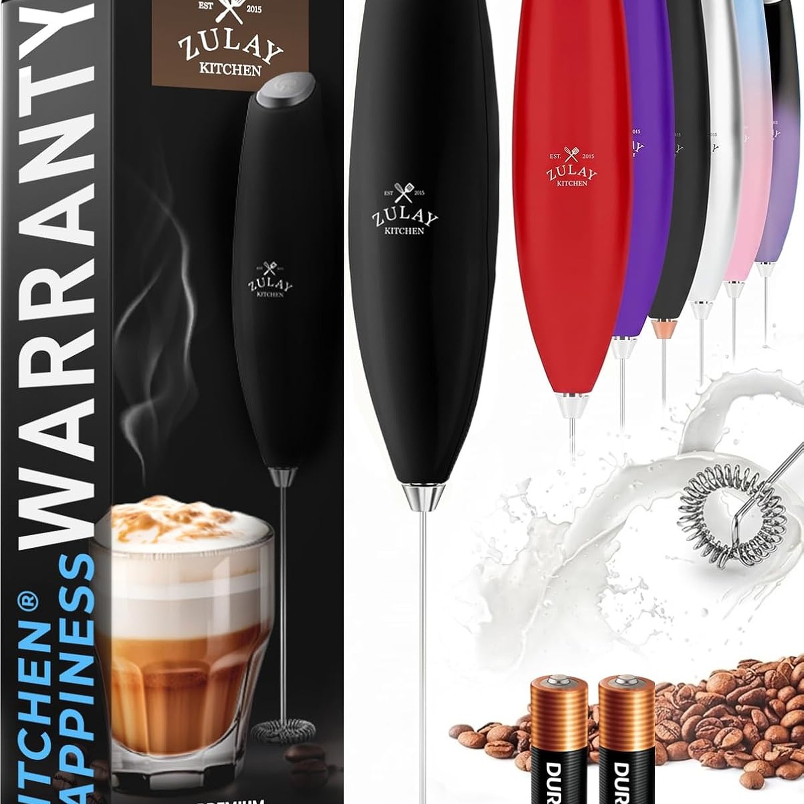 Zulay Kitchen Milk Frother Handheld Electric Whisk with Stand (Black)