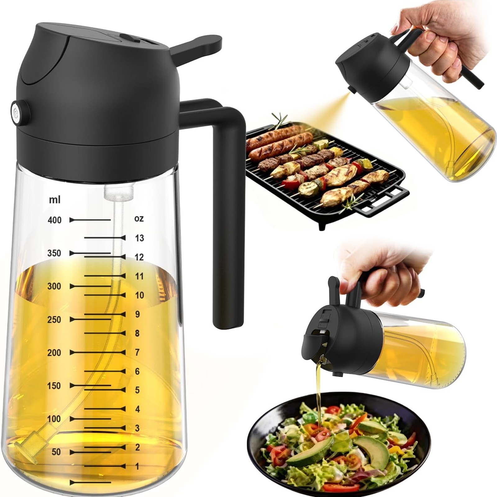 TrendPlain 16oz Glass Olive Oil Sprayer 2-in-1 Dispenser (Black)