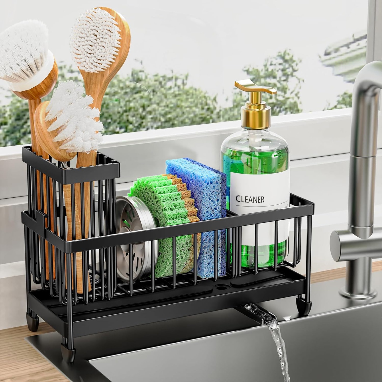 Cisily Sponge Holder Kitchen Sink Caddy with Brush Holder (Black 9.25")