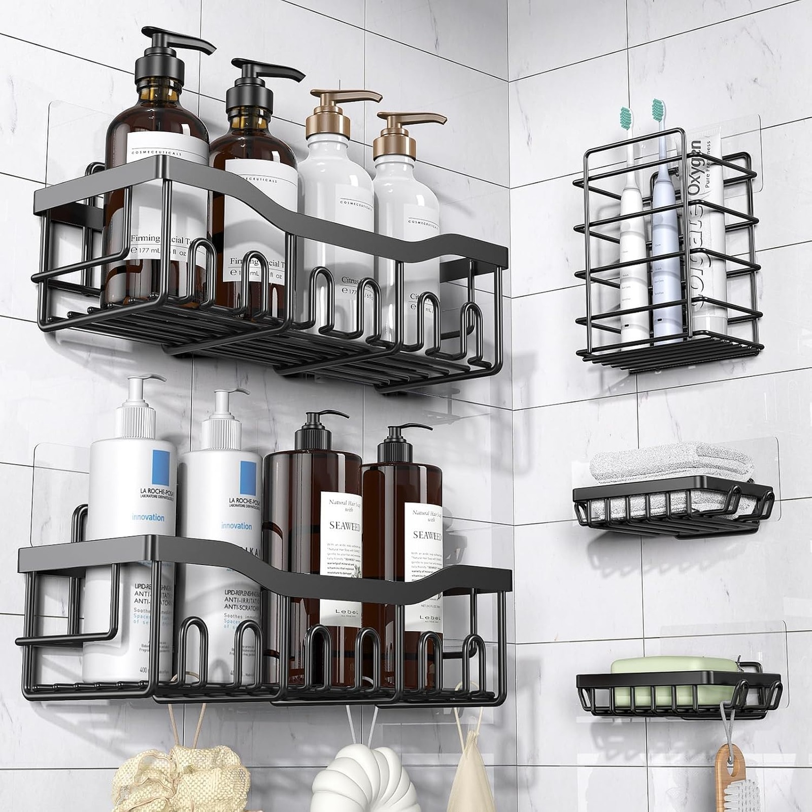 EUDELE Adhesive Shower Caddy 5-Pack, Rustproof Black