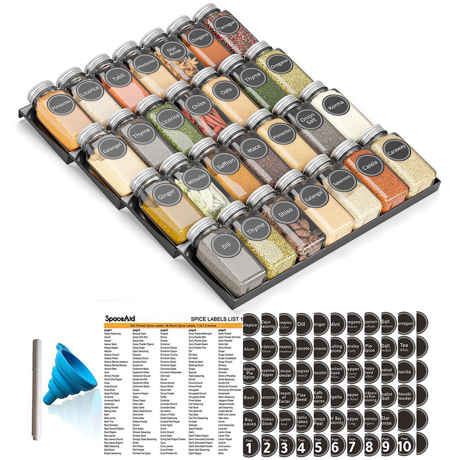 SpaceAid Spice Drawer Organizer with 28 Spice Jars, 386 Labels, 4-Tier Rack