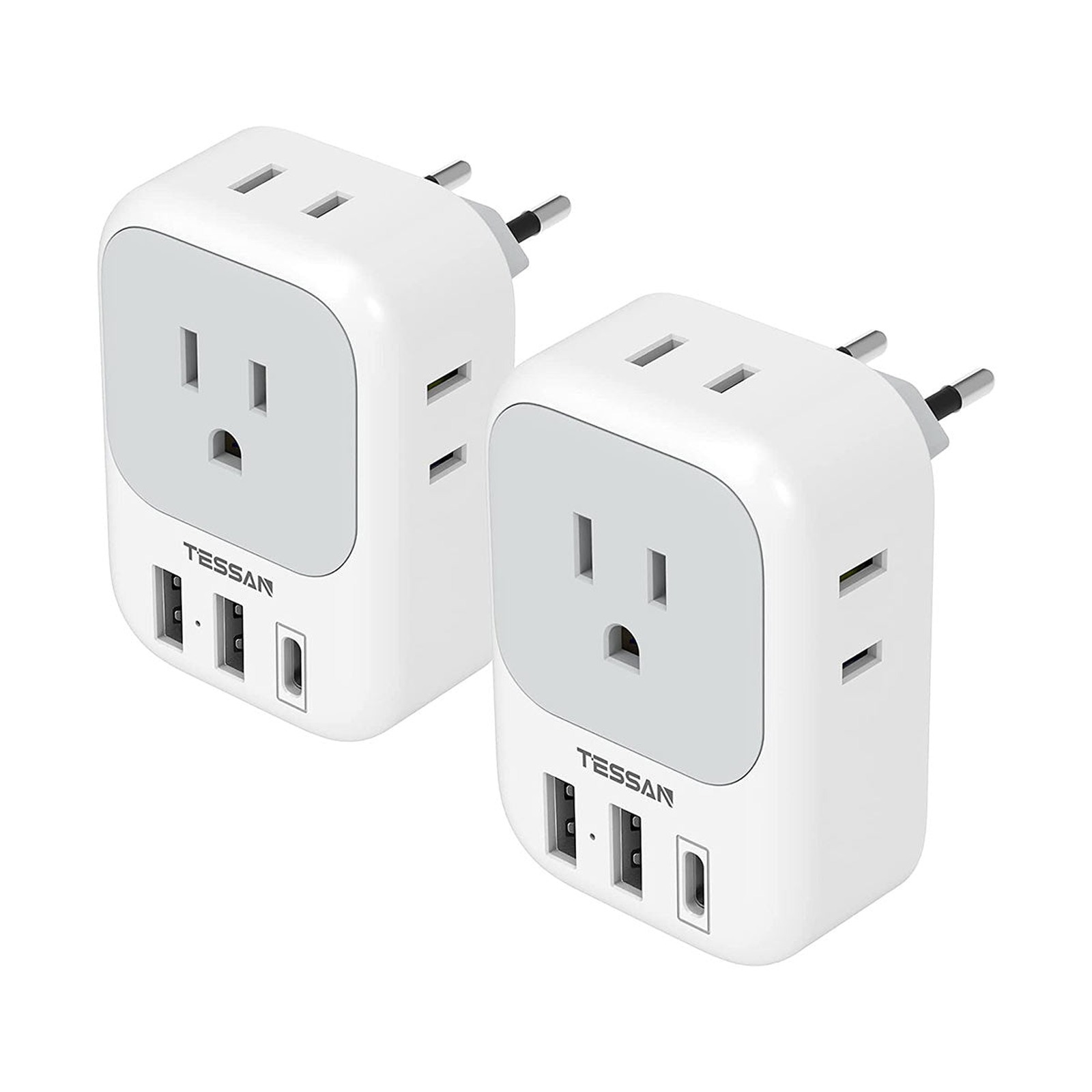 TESSAN European Travel Plug Adapter 2 Pack, Type C (4 Outlets + 3 USB)