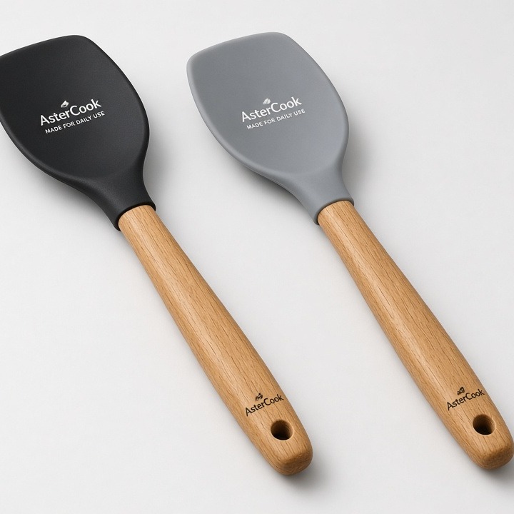 Astercook Silicone Spoonula Cooking Spoon Set of 2, Wood Handle, Black & Gray