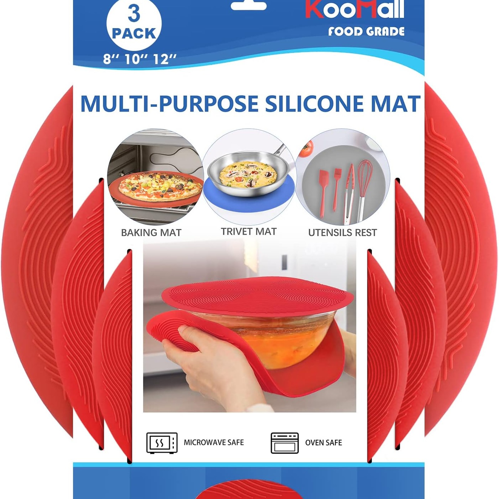 KooMall Multi-use Microwave Mats 3-Pack (8", 10", 12"), Red
