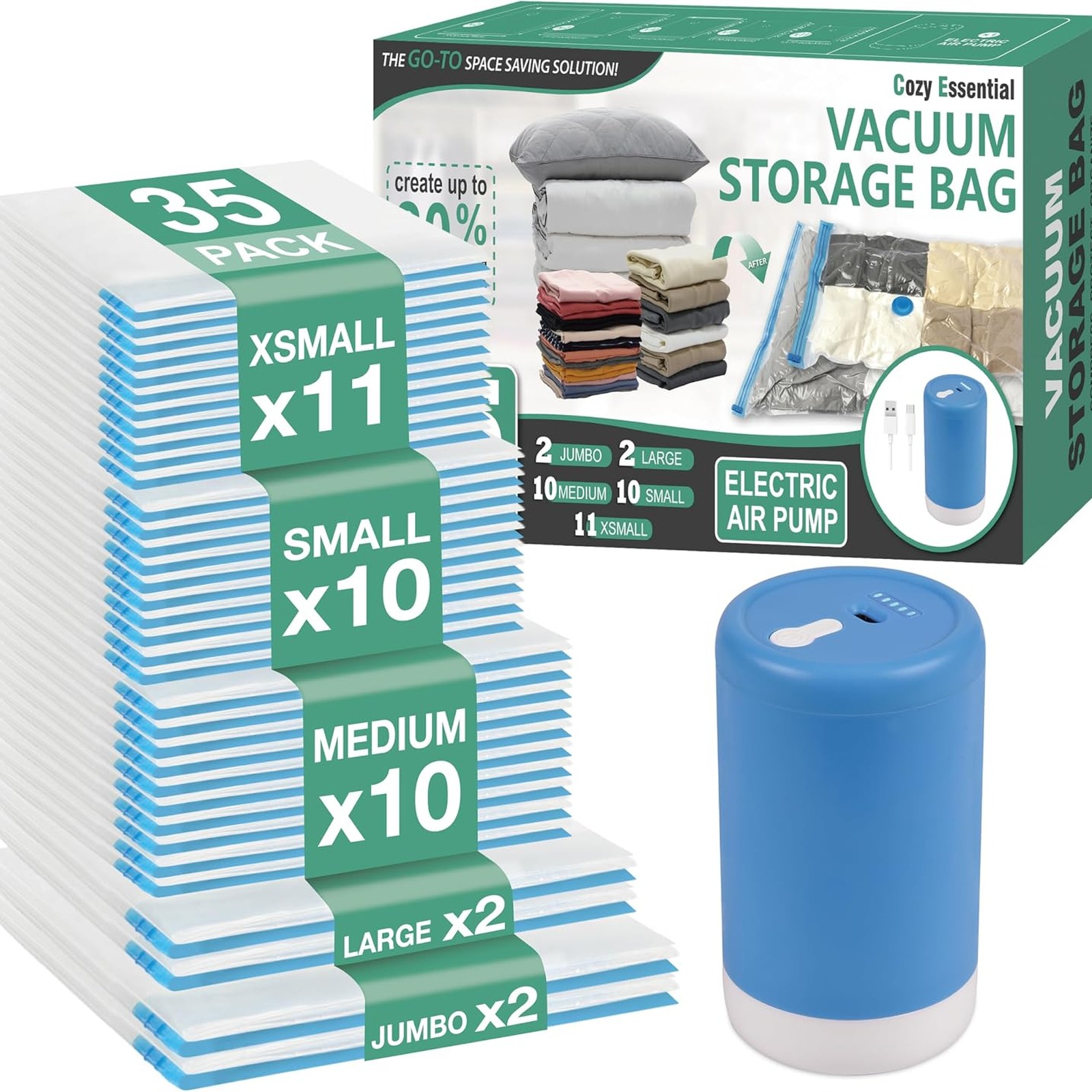 Travel Vacuum Storage Bags with Rechargeable Cordless USB Pump, 35 Combo